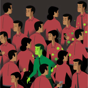 Illustration inspirée par la crise du covid 19, on y voit un homme en vert contaminer une foule en rouge